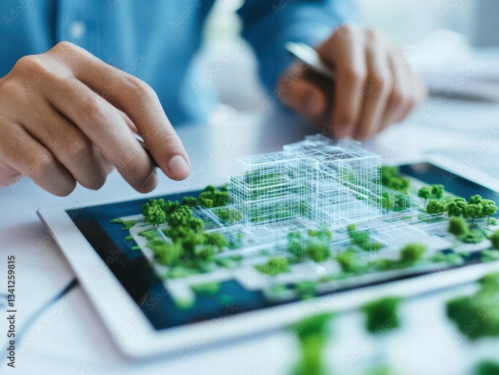 Poster An architect engaged with a tablet displaying a house model for design analysis and visualization purposes