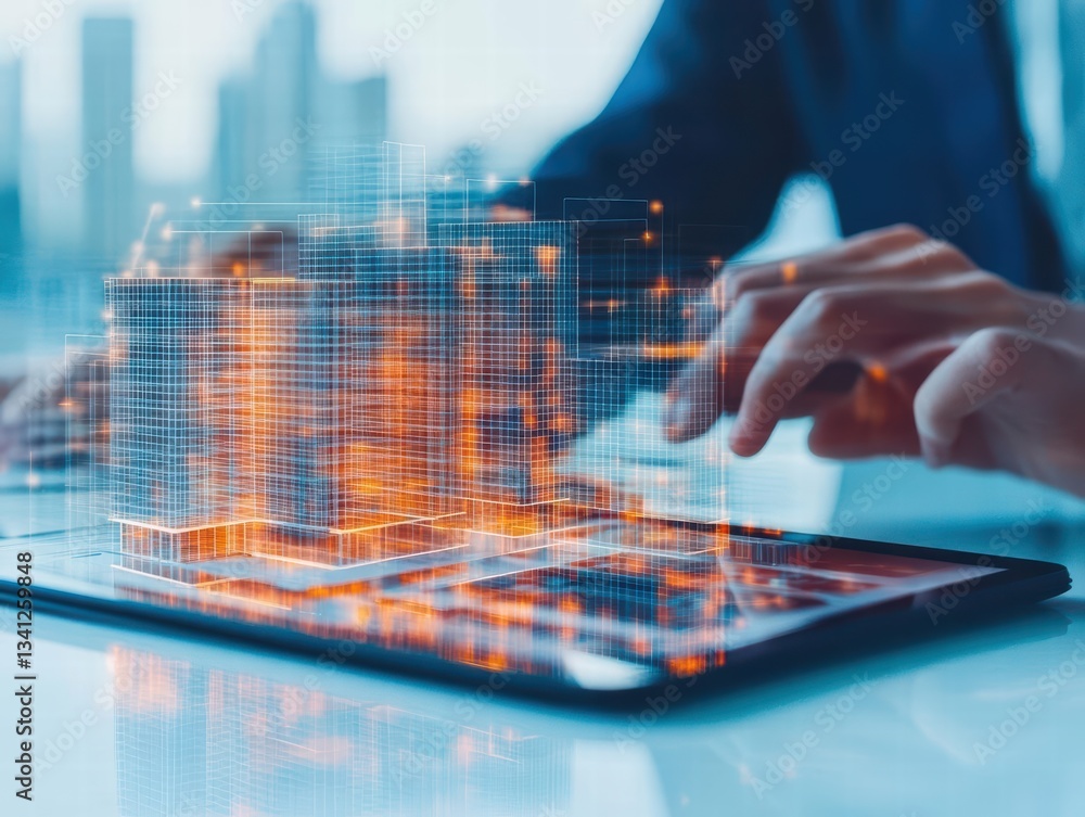 Poster An architect using a tablet featuring a cityscape model for urban design analysis and building development