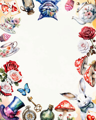 Wonderland poster, banner, greeting card.  Watercolor white rabbit, cat,  hat, key, clock, tea cup, rose, mushrooms  and other. Frame and place for text. Vector illustration