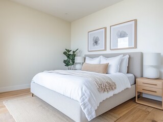 A white bed with a brown blanket and pillows. A lamp is on the nightstand. A plant is on the nightstand