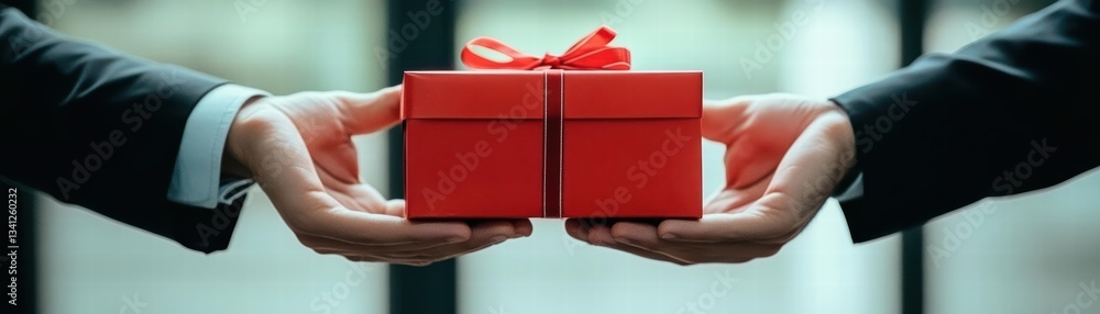Poster a person holding a red gift box in a professional setting representing thoughtfulness and generosity