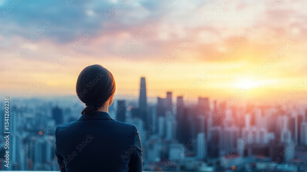 Poster a woman looking at a cityscape from a high point reflecting on opportunities and ambitions in a prof