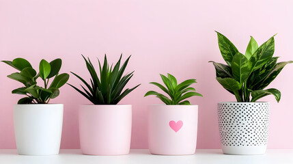 Obraz premium Four Houseplants in Pink and White Pots Against Pink Wall