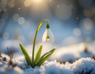 delicate white snowdrop emerging through melting snow in early spring