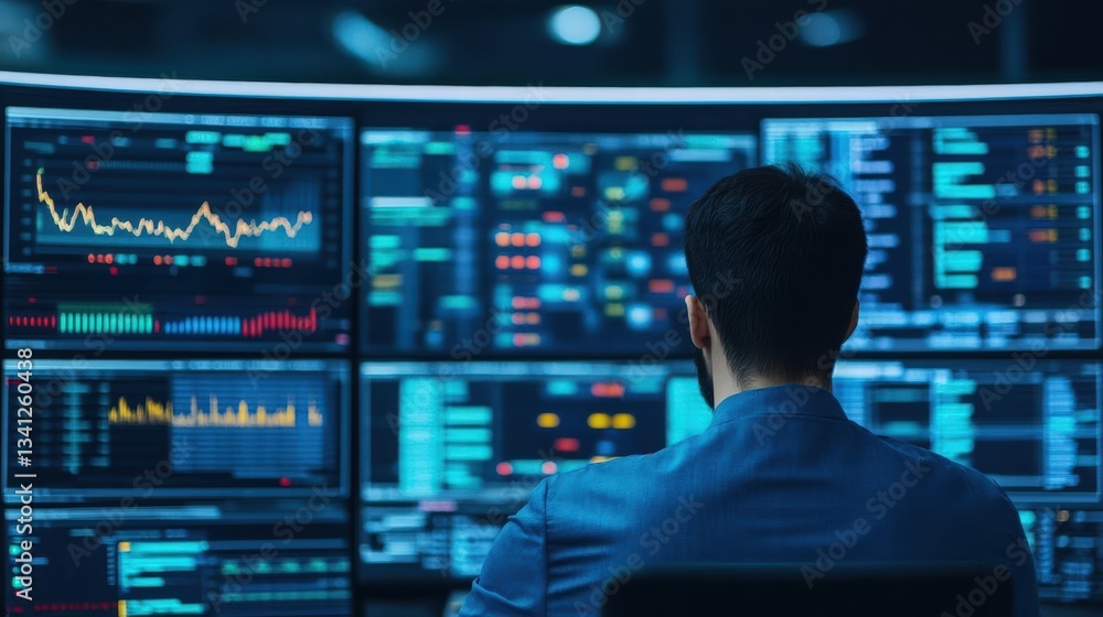 Aufkleber Professional man analyzing computer screen with chart data displayed in a modern office environment