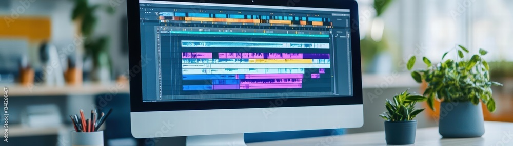 Poster Computer screen displaying a video editing program in a professional workspace setting with creative tools