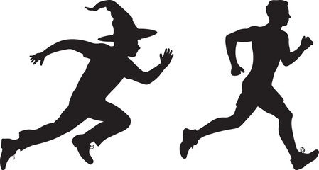 Witch Silhouette Running From Jogger, set of running man vector illustration 