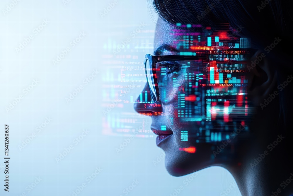 Aufkleber profile view of a woman with a digital interface in the background highlighting professional technol