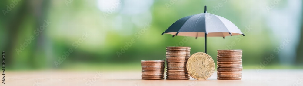 Aufkleber Stack of coins protected by umbrella representing financial security and investment strategies in economic environment