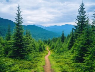 Fototapeta premium Scenic mountain trail leading through lush forests inviting adventure seekers to explore nature and outdoor beauty