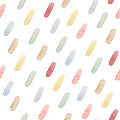 Watercolor seamless childish pattern with multicolor strokes. Isolated on white background. Hand drawn clipart. Perfect for card, fabric, tags, invitation, printing, wrapping.