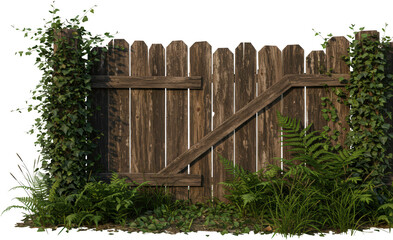 Fototapeta premium Overgrown Rustic Wooden Fence with Ivy and Ferns in a Garden Setting