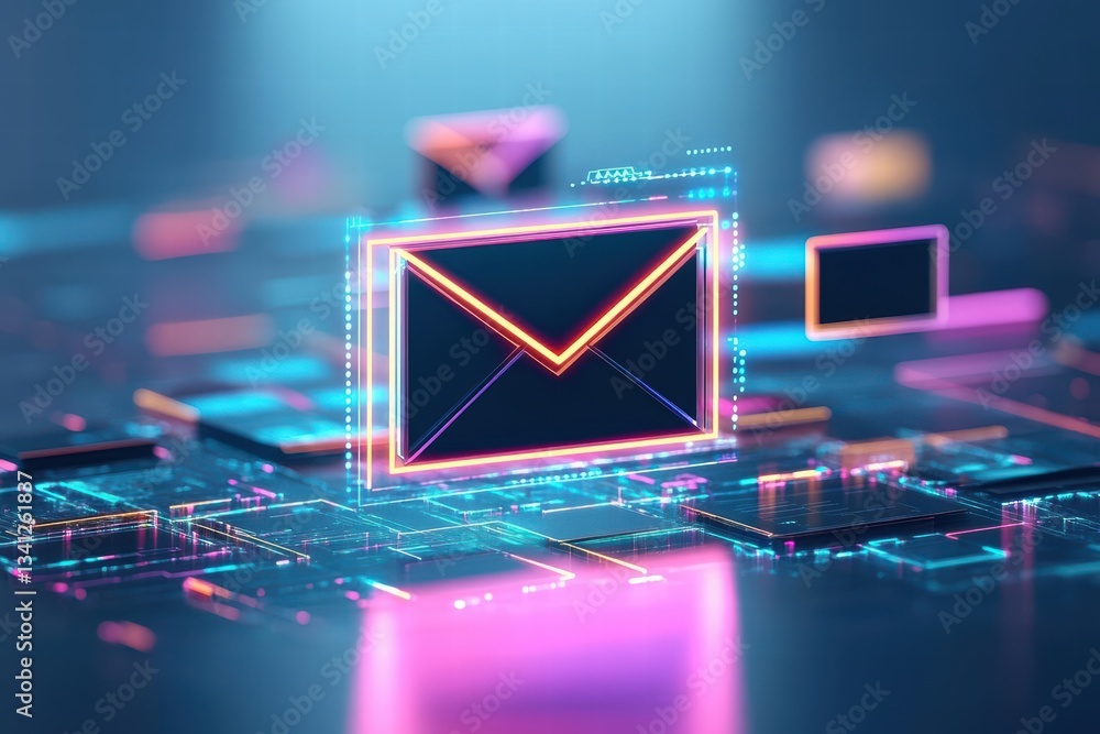 Poster High-tech computer chip with a neon glowing letter rendered in a 3d style with vibrant colors and details