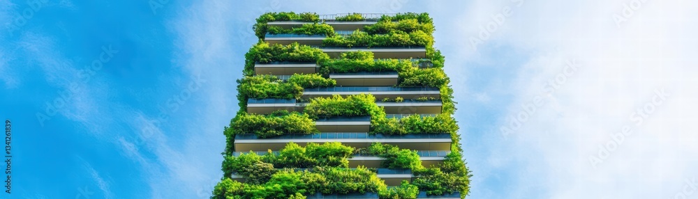 Aufkleber imposing tall building with a unique green facade standing out against the urban skyline under a cle