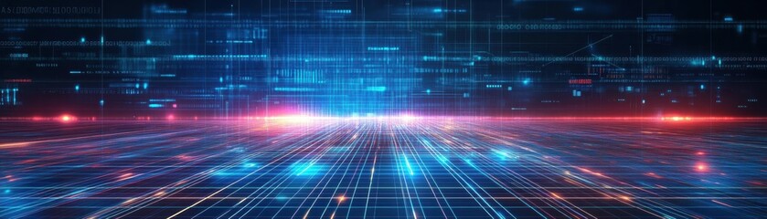 A striking digital abstract background featuring blue and red lights creating a dynamic and engaging visual display