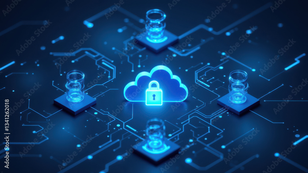 Poster illustration of a cloud-based cybersecurity system with encryption represented by glowing blue circl