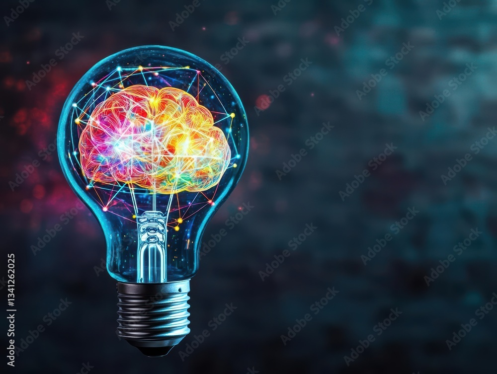 Poster innovative light bulb with a brain inside illuminating the concept of ideas and inspiration in a vib