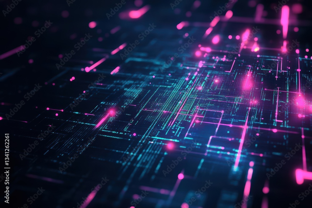 Poster an abstract digital circuit display featuring striking pink and blue lights creating a vibrant and f