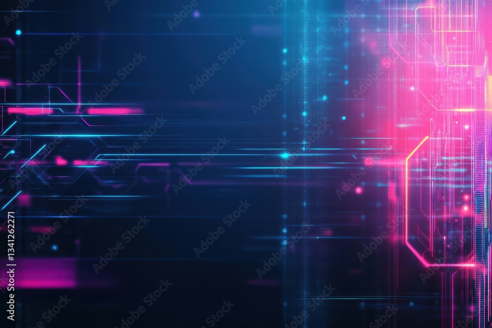 Poster an eye-catching abstract digital circuit design featuring a striking pink and blue background creati
