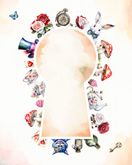 Wonderland poster, banner, greeting card.  Watercolor white rabbit, cat,  hat, key, clock, tea cup, rose, mushrooms  and other. Frame and place for text. Vector illustration