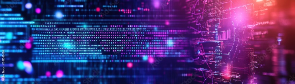 Poster engaging illustration of a computer screen set against a colorful background representing technology