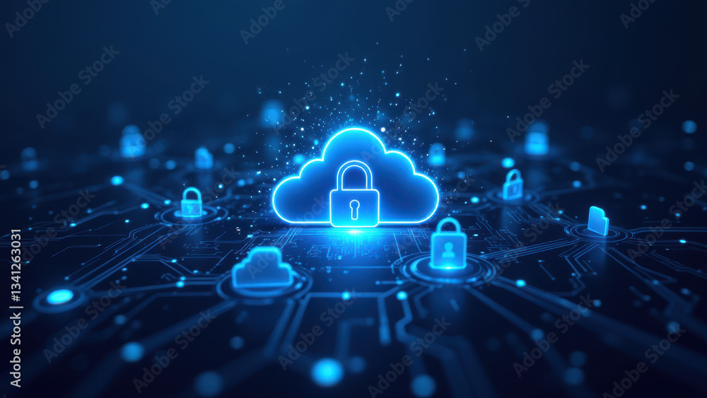 Poster digital security protection with cloud lock symbol on a network of connected dots.