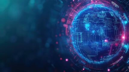 Innovative illustration of a blue and pink globe featuring a circuit pattern in the center representing technology and connectivity