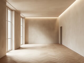 Obraz premium A large room with a white wall and a wooden floor. There is a door in the room