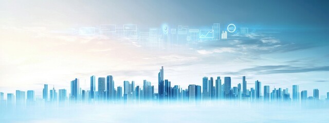 Obraz premium Modern Urban Skyline with Abstract Digital Technology Elements
