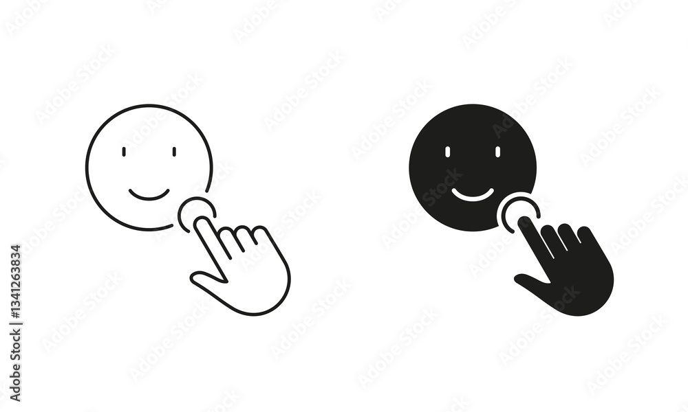 Poster pointer click on a happy face emoticon pictogram. positive feedback line and silhouette icon set. so