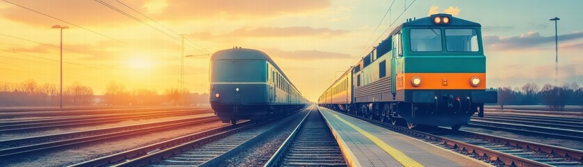 Obraz premium Vintage steam locomotive on train tracks with two trains creating a nostalgic scene of railway history and travel adventure