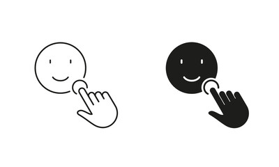 Pointer Click On A Happy Face Emoticon Pictogram. Positive Feedback Line and Silhouette Icon Set. Social Media App Good Review Symbol. Editable Stroke. Isolated Vector Illustration