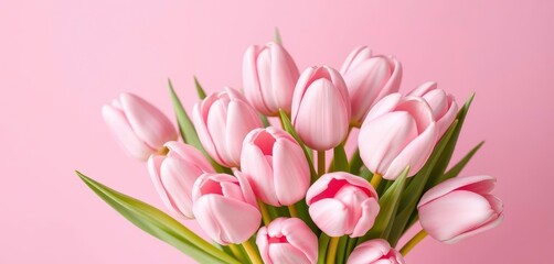 Naklejka premium Delicate pink tulips arranged in a bouquet, soft pink backdrop, bouquet, spring flowers