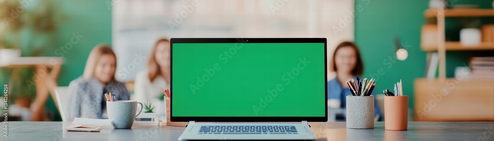 Poster Modern laptop displaying green screen ready for virtual team meeting and remote collaboration in professional environment