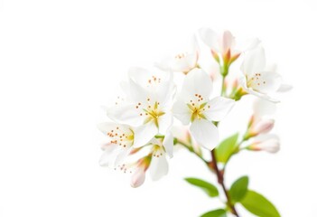 Obraz premium Delicate white blossoms against pure white background, showcasing petal texture and form, fresh, clean