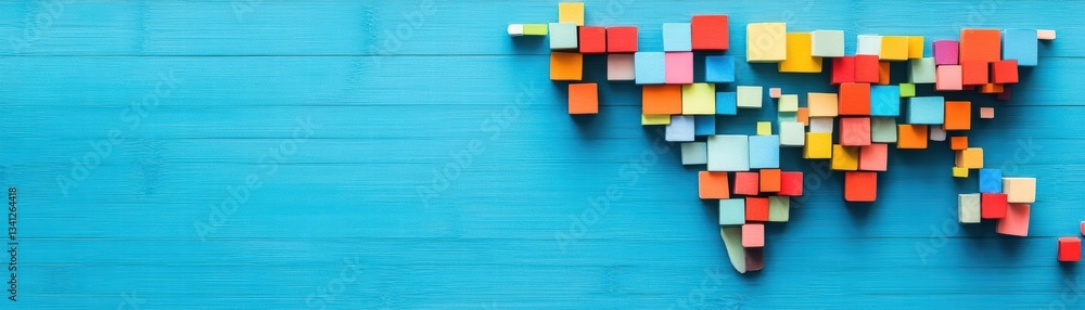 Poster Creative world map made from colorful books symbolizing knowledge and global connection during virtual team meeting