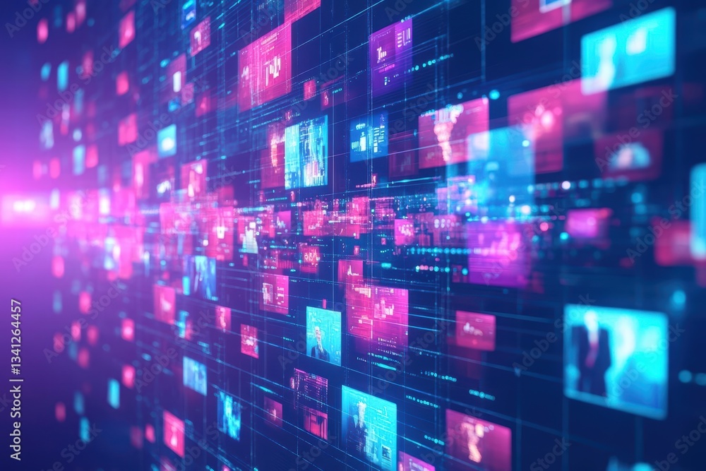 Poster Expansive wall of video screens displaying multiple participants engaging in a virtual team meeting for remote collaboration