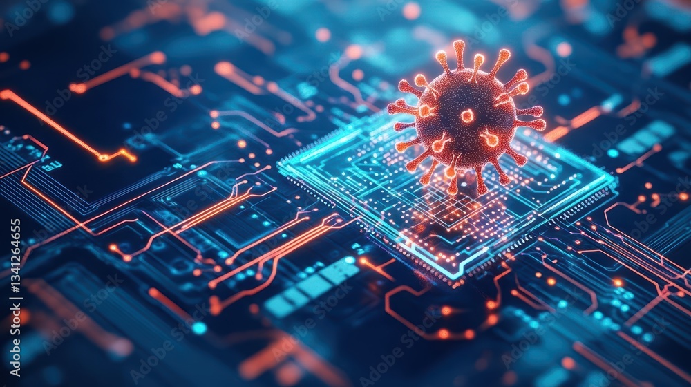 Aufkleber A detailed model of a coronavirus on a circuit board representing the intersection of technology and health science