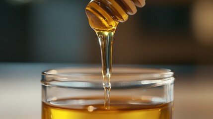 Golden honey pouring into a glass jar.