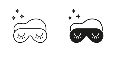 Sleep Mask with Stars Line and Silhouette Icon Set. Restful Night and Dreaming Symbol. Eye Mask for Sleeping. Nighttime Comfort. Editable Stroke. Isolated Vector Illustration