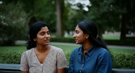 Two asian young women sitting on a park bench engaged in conversation
