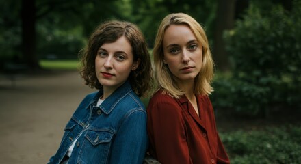 Fototapeta premium Two caucasian young adult females sitting in park surrounded by lush greenery