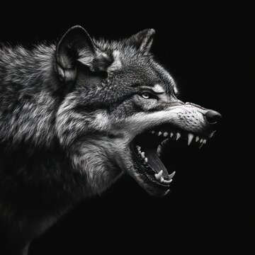 Angry Gray Wolf Profile Black Background