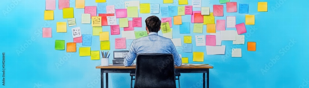 Poster a man concentrating at his desk surrounded by colorful sticky notes and a laptop in a creative works