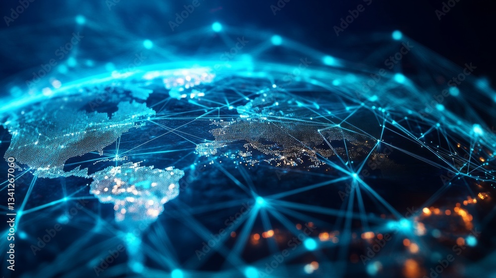 Aufkleber A D illustration of a global information network with lines connecting different cities around the world.