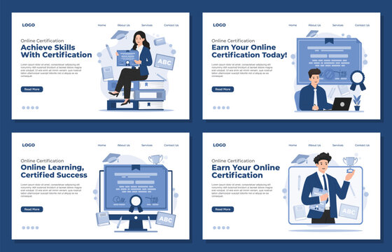 set of Landing page template Illustration of an online course certification concept, featuring digital learning, achievement, and skill development
