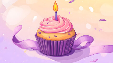 Delicious Sweet Muffin with Candle and Ribbon Decoration Cartoon Illustration for Celebratory Events