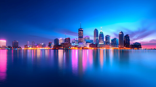 Detroit City Skyline at Sunset with Water Reflections