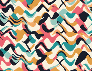 Wavy plaid vector seamless pattern. Hand drawn modern geometric repeat design, cute bright retro color palette background 