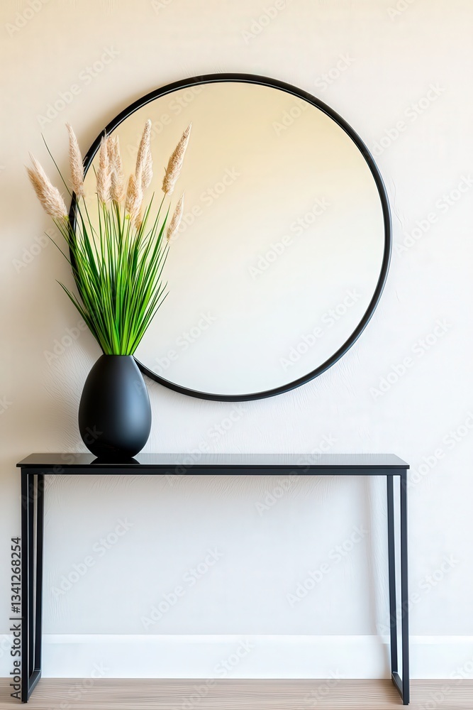 Poster a modern entryway with a sleek console table and a large mirror